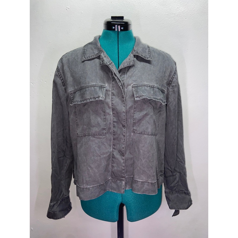 Express Lyocell Utility Jacket Women Gray Acid Wash Tie Cuff Fall Grunge Layer S